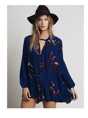 Free People Electric Orchid Print Tree Swing tunic dress Blue Pink Floral boho